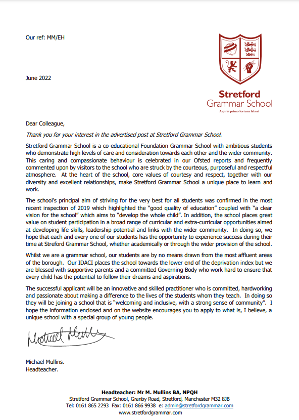 Stretford Grammar School Vacancies